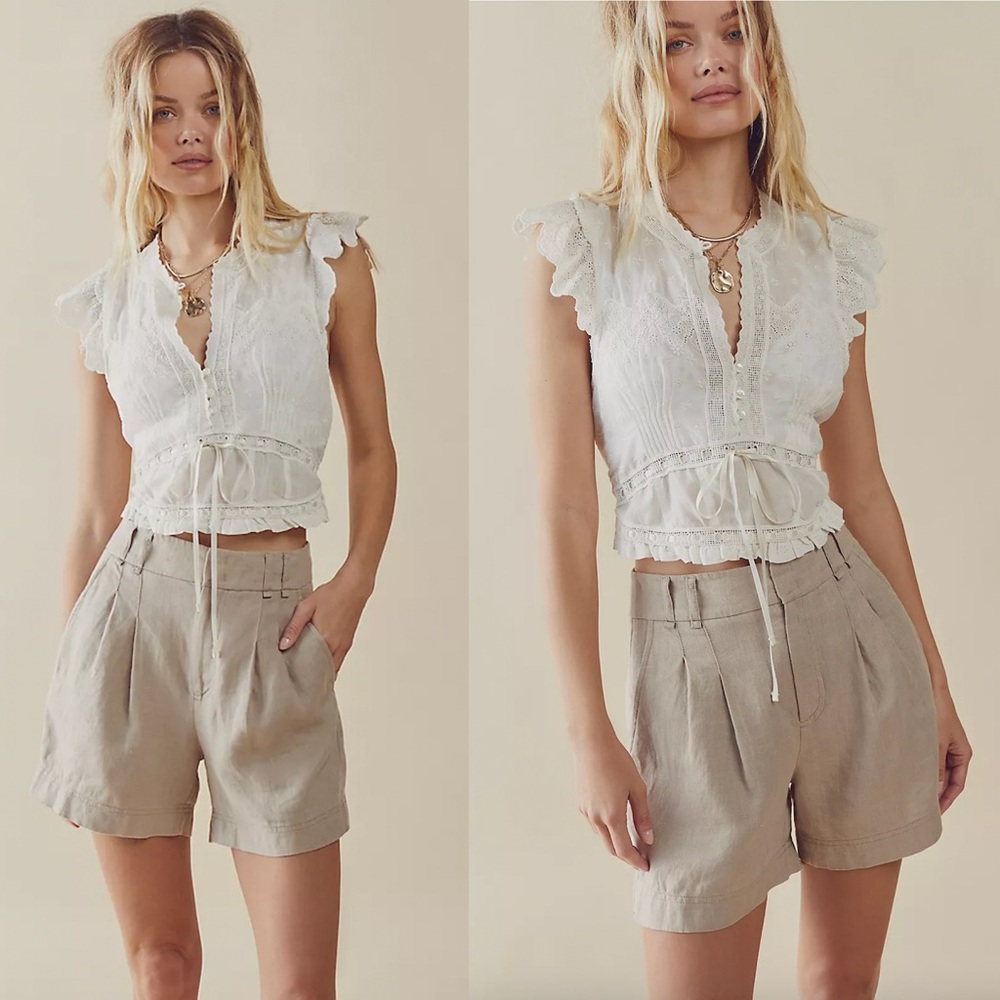 Free People High Waist Linen Shorts in Beige